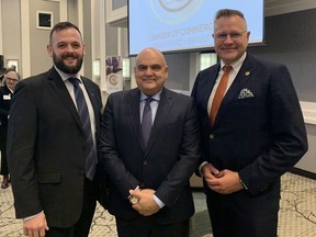 Paul Bisanti, left, president of the Chamber of Commerce Brantford Brant, joins Brantford-Brant MP Larry Brock and Brantford-Brant MPP Will Bouma at the chamber's annual MP-MPP breakfast on Friday. The event attracted 175 people. VINCENT BALL