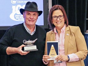 Randy Goudeseune was presented the silver Lamp of Learning Award by OSSTF/FEESO president, Karen Littlewood during a recent ceremony in Toronto.  SUBMITTED PHOTO