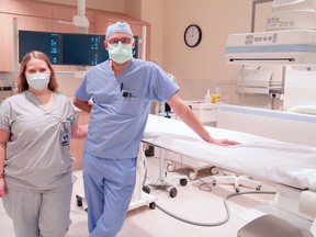 Leah Dunseith, left,  medical radiation technologist, and Dr. Maurice Voss, interventional radiologist. in the  diagnostic imaging department at Brantford General Hospital. Diagnostic services at the hospital have undergone a major expansion. SUBMITTED