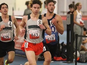 Ian McCosham (8) and Nick Dardano (4) compete in the U16/U20 Ontario Provincial Indoor Track and Field championships in Toronto. (SUBMITTED PHOTO)