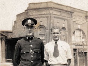 Constable John (Jack) Harrington at the southeast corner of King and Third streets, mid 1930s.
