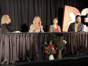 Elizabeth Suni from Chatham's Wooly Doodle and Suni Marketing Co., centre-left, speaks on a panel at the DX3 conference in Toronto with Robin Whalen, Church + State, far left; Melissa Lee, Dorm Room Fund, centre-right; and Daniel Francavilla, King Street Media, far right. (Handout/Postmedia Network)