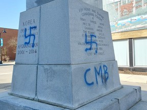 Chatham-Kent police is asking anyone who has information on those responsible for vandalizing the cenotaph in downtown Chatham sometime overnight Tuesday to contact Const.  Fraser Curtis of the intelligence unit at fraserc@chatham-kent.ca or 519-436-6600.  (Ellwood Shreve/Chatham Daily News)