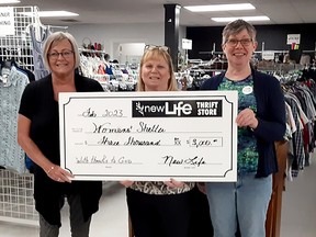 Chatham-Kent Women's Centre executive director Karen Hunter receives a $3,000 dionation from newLIFE Thrift Store volunteers Hetty Vankesteren, left, and Elaine Scott Friday. The store has given more than $90,000 to 21 area charities in the last three years, it says. (Supplied)