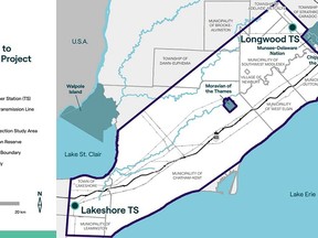 The new proposed Longwood to Lakeshore Project features two single-circuit 500 kilovolt lines between the Longwood Transformer Station (TS) in the Municipality of Strathroy-Caradoc and the Lakeshore TS in the Municipality of Lakeshore.  PHOTO Hand out