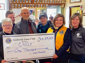 A $1,000 donation was made from Goderich Lions Club to the Coldest Night of the Year walking fundraiser. (L-R): Bernice Glenn, Committee Member, David Mackechnie, Committee Member, John Maaskant, Vice President Lions, Gloria Workman, Committee Member, Cindy Scholten, Owner, Edge Wood Decor & Lions Club Member, Michelle Field, Committee Member, United Way Community Development Manager. Submitted