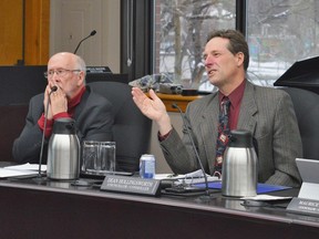 Cornwall Couns. Claude McIntosh and Dean Hollingsworth at a 2023 budget meeting on Wednesday March 1, 2023 in Cornwall, Ont. Shawna O'Neill/Cornwall Standard-Freeholder/Postmedia Network