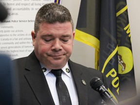 Akwesasne Mohawk Police Service Chief Shawn Dulude delivering the news Friday that two more bodies had been recovered, bringing the death toll to eight. Photo on Friday, March 31, 2023, in Tsi Snaihne, Akwesasne, Que. Todd Hambleton/Cornwall Standard-Freeholder/Postmedia Network