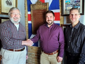 Handout/Cornwall Standard-Freeholder/Postmedia Network
SDG Historical Society president Wes Libbey, left, with newly hired senior curator Brent Whitford, centre, and curator Don Smith at the Cornwall Community Museum on March 22, 2023.