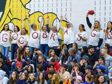 Cobras fans cheer on their team with themed shirts against the Bobcats at Bow Valley High School in Cochrane on Thursday, March 2, 2023. The Bobcats beat the Cobras 76-69 in the RVSA play-off semifinal.
