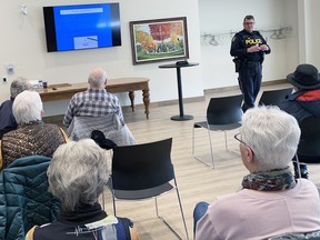Sgt. Barry Cookson of the Perth County Ontario Provincial Police (OPP) led a fraud and scam information session at the West Perth municipal office in Mitchell March 16. ANDY BADER/MITCHELL ADVOCATE