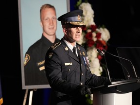 Ontario Provincial Police Commissioner Thomas Carrique speaks during the funeral service of OPP Const. Grzegorz (Greg) Pierzchala in Barrie on Jan. 4, 2023.