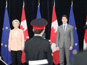 Canada's Prime Minister Justin Trudeau, right, and European Commission President Ursula von der Leyen at Canadian Forces Base Kingston on Tuesday, March 7.