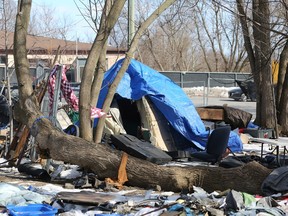 The City of Kingston's proposed eviction of a homeless encampment on Montreal Street was postponed until March 21 during a council meeting in January. On March 14, a news release from the city said its staff and partners would "facilitate the relocation of remaining encampment residents," as per the council meeting on Jan. 10. Pictured is a temporary structure assembled behind the Integrated Care Hub on Sunday, March 19, 2023.
