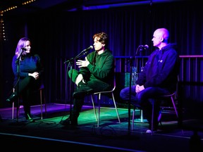 Moira Demorest chats with musician Justin Tessier and recording studio owner Zane Whitfield at the Broom Factory, 305 Rideau St., during the inaugural edition of "Bandwidth," a free series of panel discussions about the music industry.