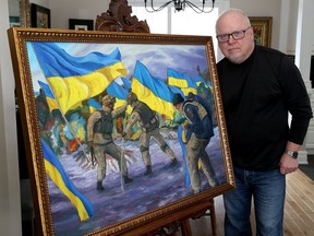 Kingston artist Pat Shea unveils his latest painting, Ukrainian Freedom, on Thursday March 16, 2023, to support those affected by the Russian invasion of Ukraine.