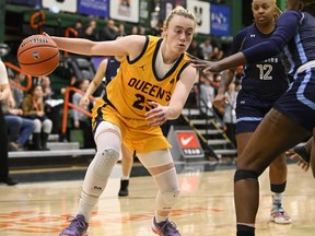 Queen's Gaels' Bridget Mulholland plays against the University of Quebec at Montreal Citadens in a quarter-final game at the U Sports women's basketball championship in Sydney, N.S., on Thursday, March 9, 2023. Queen's won 75-72 in overtime.