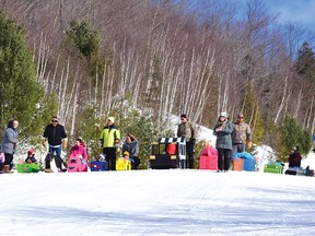 Photo by KEVIN McSHEFFREY
As many as 11 children took part in the Sled Box Derby at Mount Dufour Ski Area’s Beginner’s Hill on Sunday. This is a popular event that has been held at Mount Dufour for many years.
