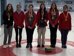 The Northern Vikings are the 2023 LKSSAA and SWOSSAA girls curling champions. The Vikings are Josie Workman, Claire Bedard, Felix Roberts, Elizabeth Walker,, Lindsey Janes and Ashlyn Odolphy. (Contributed Photo)