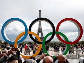 Olympic rings to celebrate the IOC official announcement that Paris won the 2024 Olympic bid are seen in front of the Eiffel Tower at the Trocadero square in Paris, France, September 16, 2017.