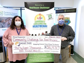 Leigh Costello, Pembroke Regional Hospital Foundation (PRHF), community fundraising specialist and Roger Martin, PRHF executive director, are excited that the first annual Community Challenge for Healthcare raised over $38,000 for the ongoing Cancer Care Campaign.