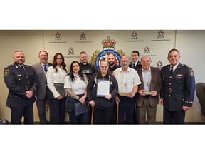 Chatham-Kent police officers, dispatchers and residents involved with assisting an individual after vehicle exploded in Tilbury last December were formally recognized during Wednesday's police services board meeting. (Trevor Terfloth/The Daily News)