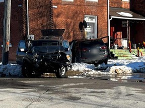 Police tweeted this photo of a crash at 8th Street East at 4th Avenue East after 4 p.m. Saturday, March 4, 2023. Police said there was a gas leak and ask people to avoid the area. (Owen Sound Police Service photo)