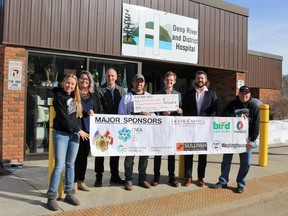 Taking part in the donation from the Black Bears Charity Hockey Touranment to the Deep River and District Hospital Foundation was, from left, Jessica Brum, Tabitha Kearney, Christian Kaiser, Daniel Venne, James Thompson, William Willard, and John Hoyle. Submitted photo