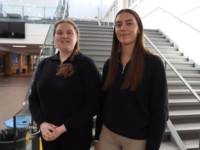 Annabelle Rayson, left, and Alexa McCloskey are co-chairpersons of this year's Cyclone Aid community food drive at Sarnia's St. Patrick's Catholic High School.  Students and other volunteers will canvass the city April 1 for donations of non-perishable food for the Inn of the Good Shepherd food bank.