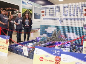 Members with the CF Industries team pose with their judge's favorite 'You CAN be my wingman anytime' structure for this year's Canstruction event at Lambton Mall.  From left are James Jones, Davina Anderson, Brendan Hewton and Maranda Jessup.  (Tyler Kula/ The Observer)