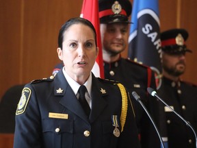 Sarnia police Deputy Chief Julie Craddock speaks after her swearing-in ceremony at Sarnia city hall Monday.