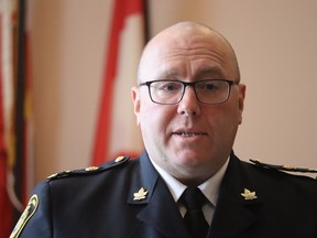 Sarnia police Chief Derek Davis speaks at the wearing-in of the service's new deputy chief, Julie Craddock, Monday.