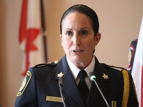 Newly minted Sarnia police Deputy Chief Julie Craddock speaks at her swearing-in ceremony Monday at Sarnia city hall Monday.