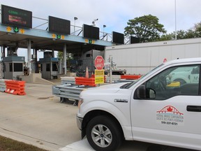 Traffic moves through toll booths on the Canadian side of the Blue Water Bridge near Sarnia.