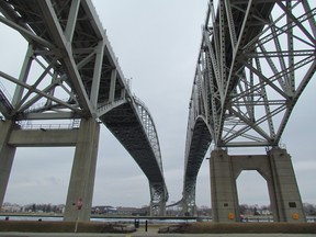 The Blue Water Bridge is shown crossing the St. Clair River between Point Edward and Port Huron, Mich.