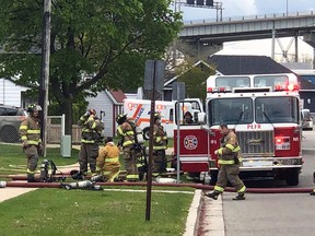 Point Edward firefighters battle a fire at the Huronview Apartments on Fort Street on May 8, 2021. (Greg Grimes Photo)