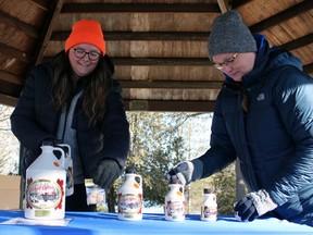 From left, Emily Febrey, the St. Clair Region Conservation Authority's stewardship communications technician, and Donna Blue, its manager of communications, set up a maple syrup sale stand during Sunday's maple syrup festival at the AW Campbell Conservation Area.  Terry Bridge/Sarnia Observer/Postmedia Network