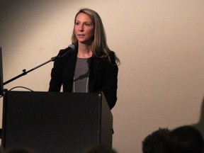 Lambton County acting medical officer of health Karalyn Dueck speaks at the Stronger Together summit on housing, homelessness and substance dependency in Sarnia March 21, 2023. About 170 people attended, officials said.  (Tyler Kula/ The Observer)