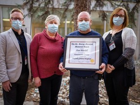 Dan Wardell, a member of Norfolk General Hospital's maintenance team for 31 years, was presented recently with the hospital's 2022 Dr. George Marshall Individual Award for excellence. On hand for the presentation were, from left, Dan Hill, NGH vice president – finance and chief financial officer; Donna Wardell; Dan Wardell; and Sarah-Jane Irvine, NGH chief human resources officer. CONTRIBUTED