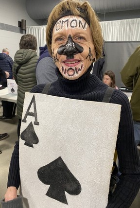 Volunteer Margot Evans dresses the part as people gather at the Hagersville Legion on Thursday, March 30 to purchase tickets for the Catch the Ace draw.  SIMCOE REFORM