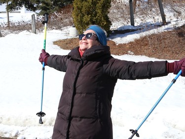 Marion Harvey Hannah, of the local urban poling group under the VON Smart Program umbrella, leads a breathing exercise at the Delki Dozzi Sports Complex in Sudbury, Ont. on Thursday March 30, 2023. John Lappa/Sudbury Star/Postmedia Network