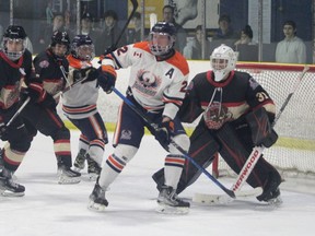 Soo Thunderbirds forward Dharan Cap and Blind River Beavers goaltender Charlie Burns in NOJHL regular-season play at the John Rhodes. The Thunderbirds and Beavers open up their best-of-seven first round playoff series in Blind River on Thursday night.