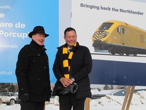 Ontario's Associate Minister of Transportation Stan Cho, right, was joined by Timmins MPP George Pirie along with several top executives for Ontario Northland Transportation Commission on a brisk Monday morning to visit the site of the proposed new passenger rail station in Porcupine. The plan calls for construction to begin in 2025.

RON GRECH/The Daily Press