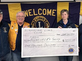 The Schumacher Lions Club recently donated $1,000 to the Timmins-Porcupine District Alzheimer Society. The donation will help support the many local programs designed to support caregivers of persons with dementia. Taking part in the president are, from left, Lions past-president Mark West, Lions president Dan Ansara, Alzheimer Society Timmins-Porcupine executive director Tracy Koskamp-Bergeron and Lions treasurer John McCauley.

Supplied