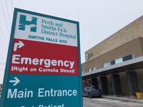 The main entrance of the Perth and Smiths Falls District Hospital is shown here.