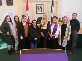 Norfolk County celebrated International Women's Day on March 8. From left are some of the participants at Town Hall, including Mariana Balaban, Aubrey Dawson, Haley Wilson, Keegan Cassini, Mayor Amy Martin, Coun. Kim Huffman, Lynsay Connell and Chloe Craig. CHRIS ABBOTT