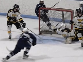 The Woodstock Navy Vets lost 4-3 in overtime Tuesday and were eliminated from the playoffs. Minutes before Tavistock scored the game-winner, the Vets had a goal from Joey Zhang disallowed after officials said the puck did not enter the net.
(Facebook)