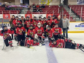 The Owen Sound Junior Attack (white) team won the under-13 division at the Barb Downey Memorial Local League tournament with a 5-1 win over the North Middlesex Junior Stars Sunday at the Harry Lumley Bayshore Community Centre. Photo submitted.