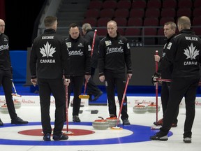 Team Canada skip Brad Gushue, of St. John’s, NL (centre), (L-R) 2nd.E.J.Harnden, alt Ryan Harnden, Caleb Flaxey, 3rd. Mark Nicholls, National Team coach Jeff Stoughton and lead Geoff Walker, practise Friday in Ottawa prior to the world men’s curling championship.