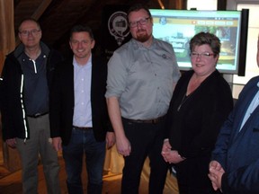 From left, Desjardins vice-president of Marché Agricole Yvan Bazinet, Glengarry-Prescott-Russell MP Francis Drouin, Eastern Ontario Agri-Food Network executive director Louis Béland, North Glengarry Deputy Mayor Carma Williams and Glengarry-Prescott-Russell MPP Stéphane Sarrazin, at the launch of Savoureaston on Thursday March 30, 2023 in Alexandria, Ont. Greg Peerenboom/Special to the Cornwall Standard-Freeholder/Postmedia Network